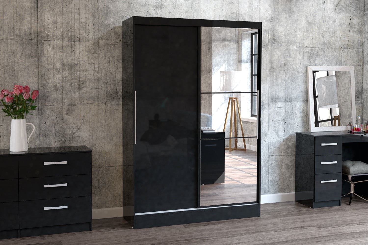 Lynx 2 Door Sliding Wardrobe With Mirror - Black