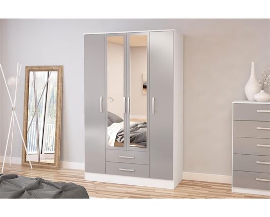 Lynx 4 Door 2 Drawer Wardrobe With Mirror - White/Grey