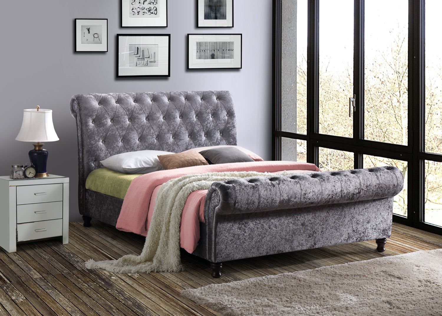 Castello Bed Steel Crushed Velvet