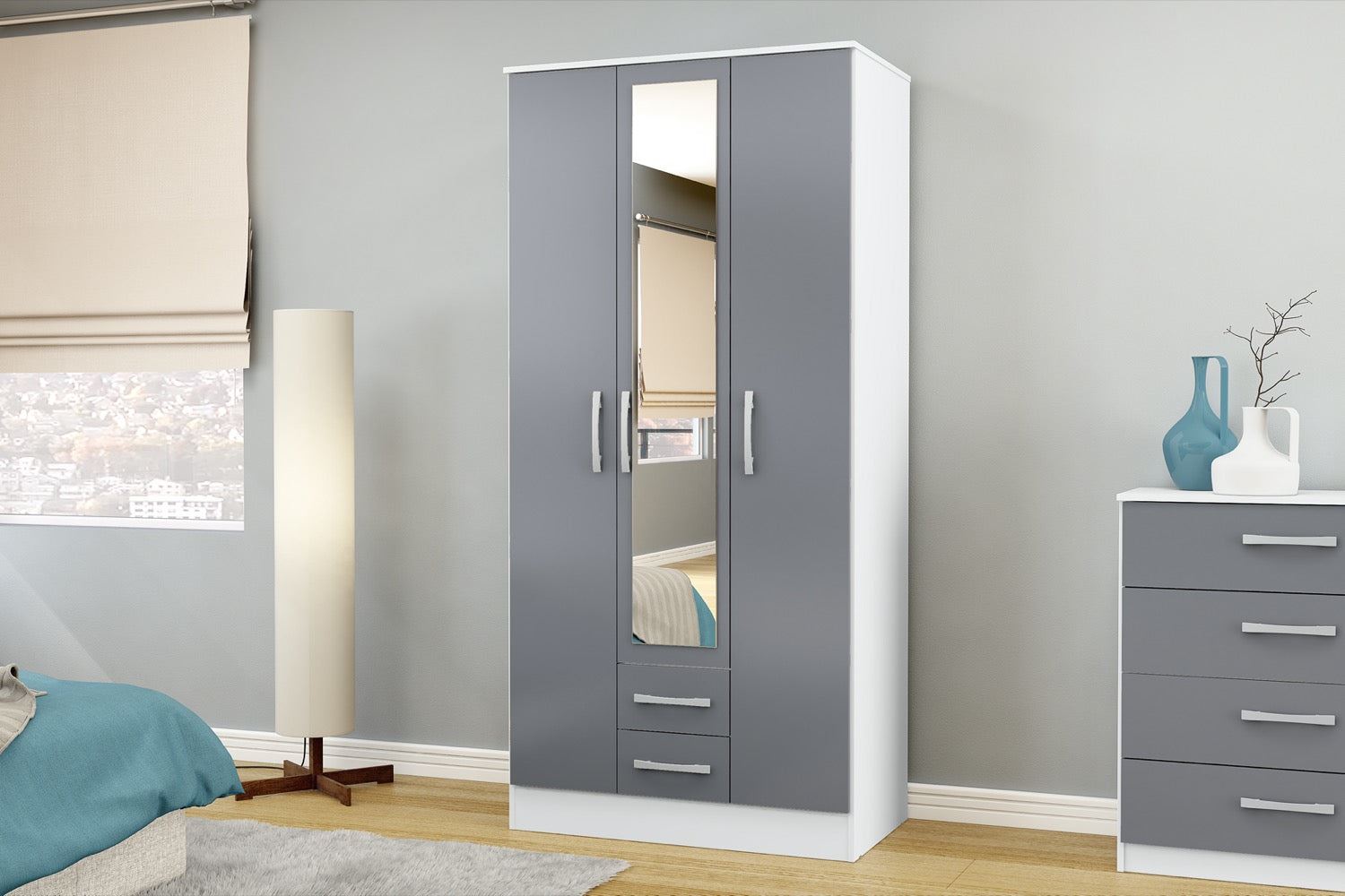 Lynx 3 Door 2 Drawer Wardrobe With Mirror - White/Grey