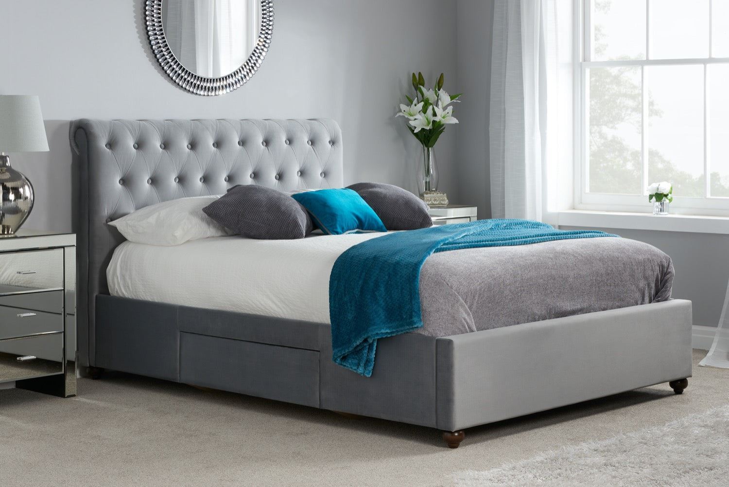 Marlow Bed Grey Velvet Fabric