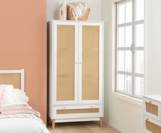 Croxley 2 Door 1 Drawer Rattan Wardrobe - White