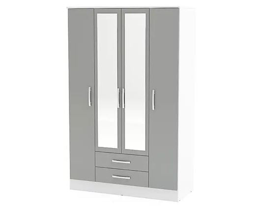 Lynx 4 Door 2 Drawer Wardrobe With Mirror - White/Grey