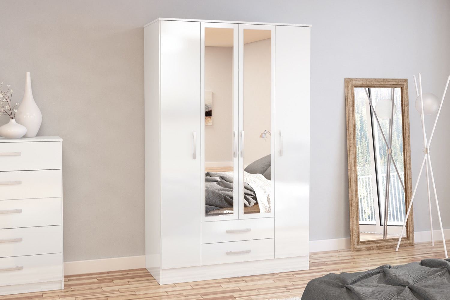 Lynx 4 Door 2 Drawer Wardrobe With Mirror - White