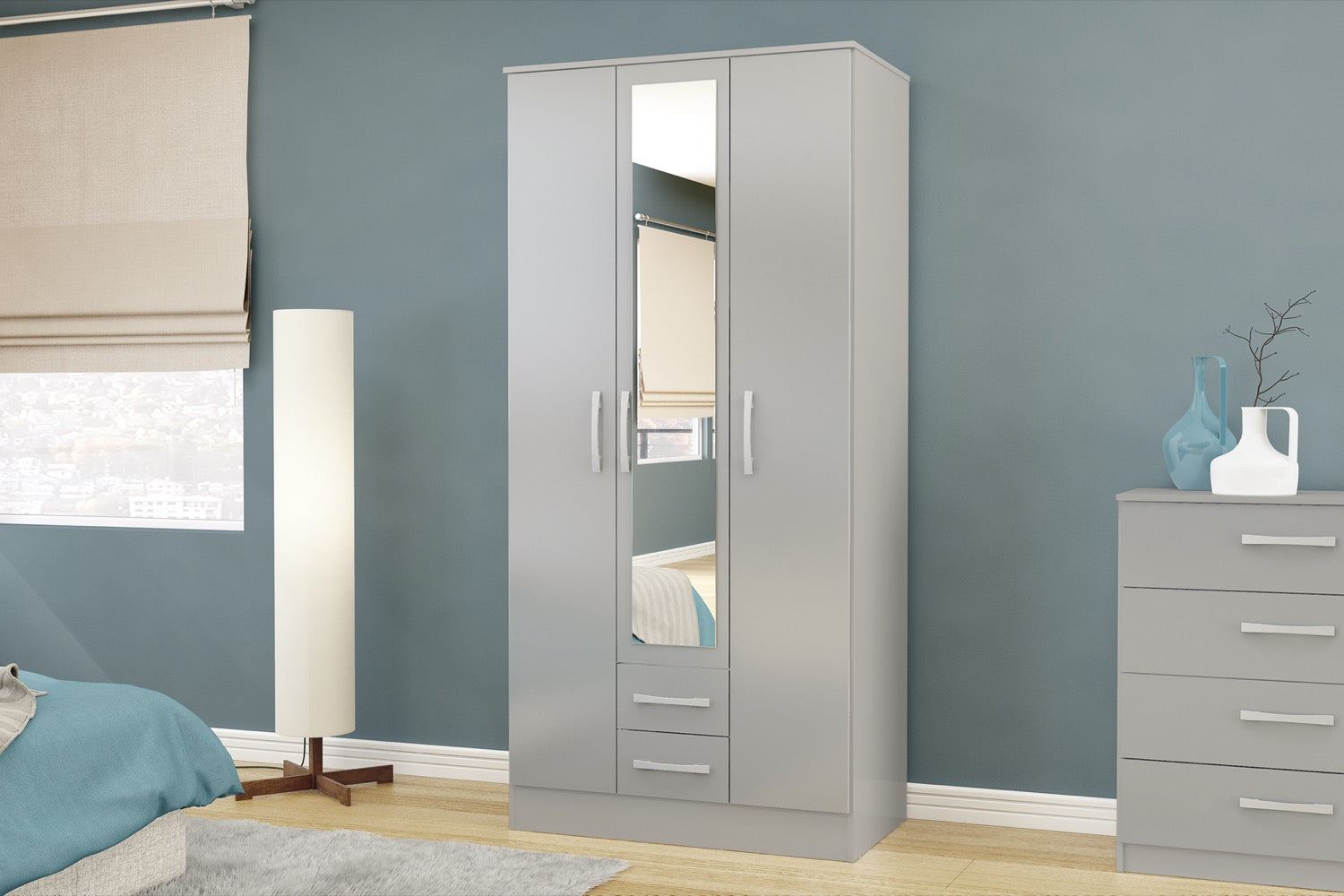 Lynx 3 Door 2 Drawer Wardrobe With Mirror - Grey