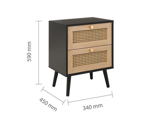 Croxley 2 Drawer Rattan Bedside - Black