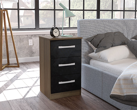 Lynx 3 Drawer Bedside - Black & Walnut