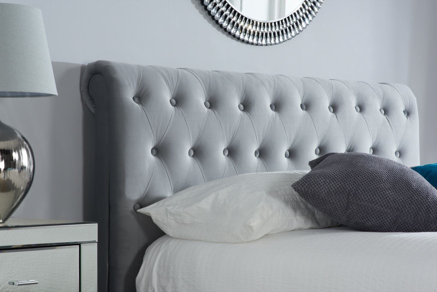 Marlow Bed Grey Velvet Fabric