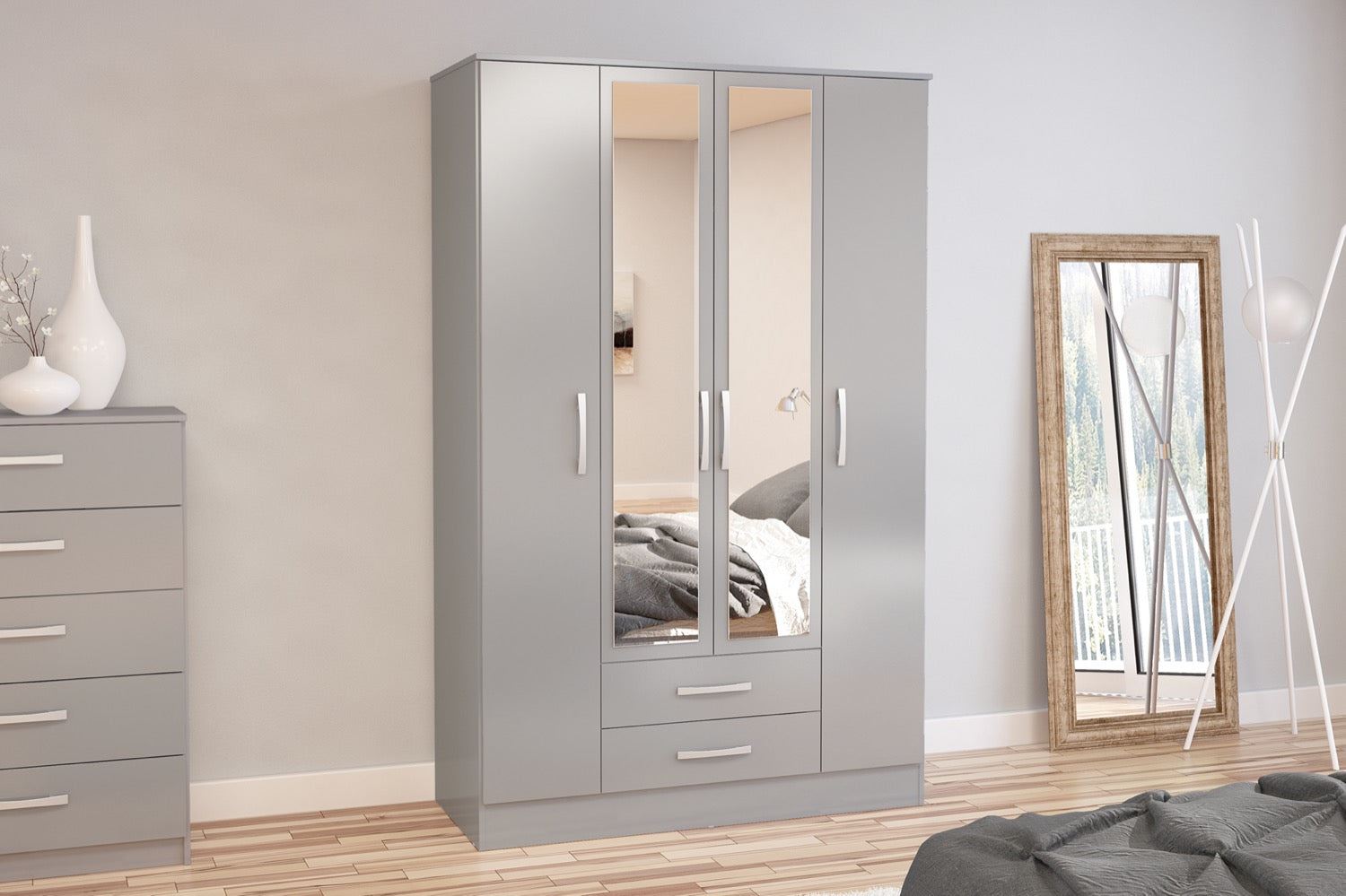 Lynx 4 Door 2 Drawer Wardrobe With Mirror - Grey