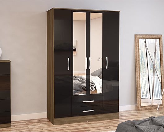 Lynx 4 Door 2 Drawer Wardrobe With Mirror - Walnut & Black