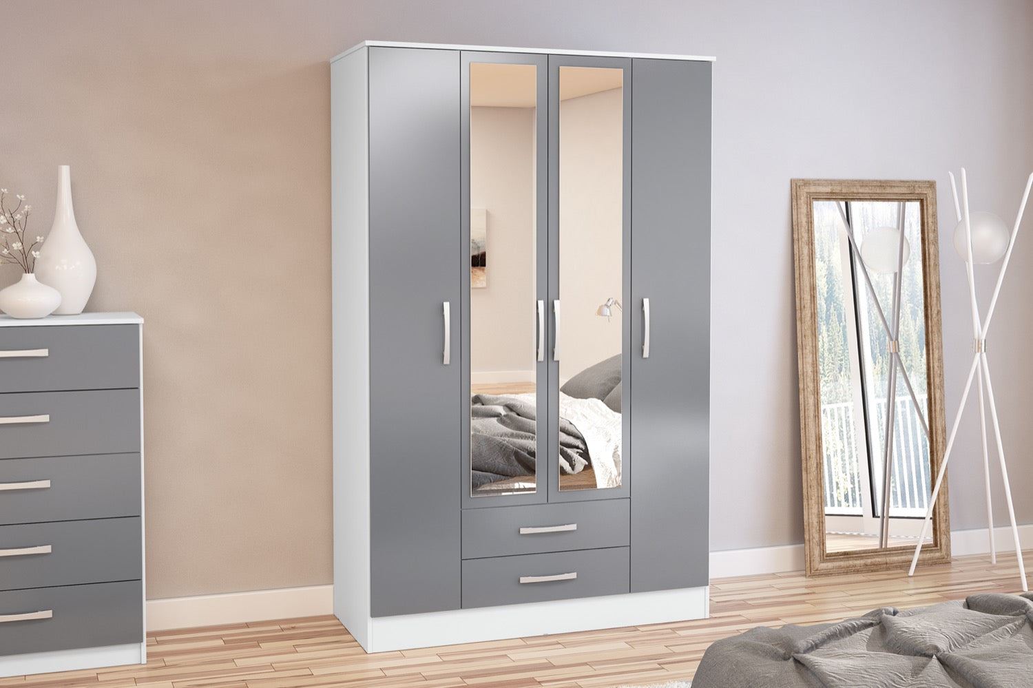 Lynx 4 Door 2 Drawer Wardrobe With Mirror - White/Grey