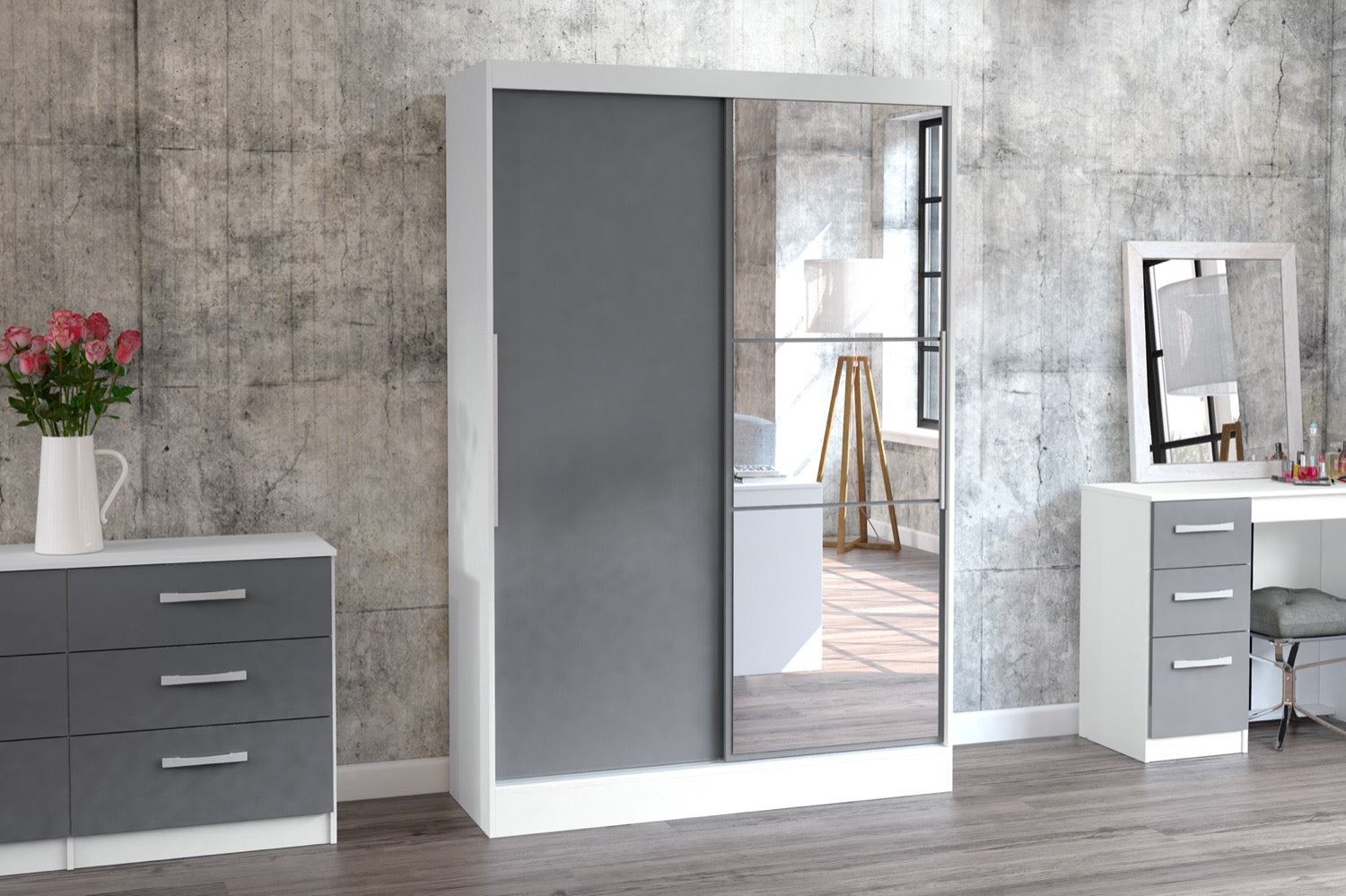 Lynx 2 Door Sliding Wardrobe With Mirror - White/Grey