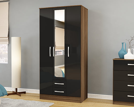 Lynx 3 Door 2 Drawer Wardrobe With Mirror- Walnut & Black