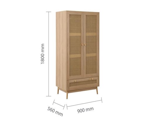 Croxley 2 Door 1 Drawer Rattan Wardrobe - Oak