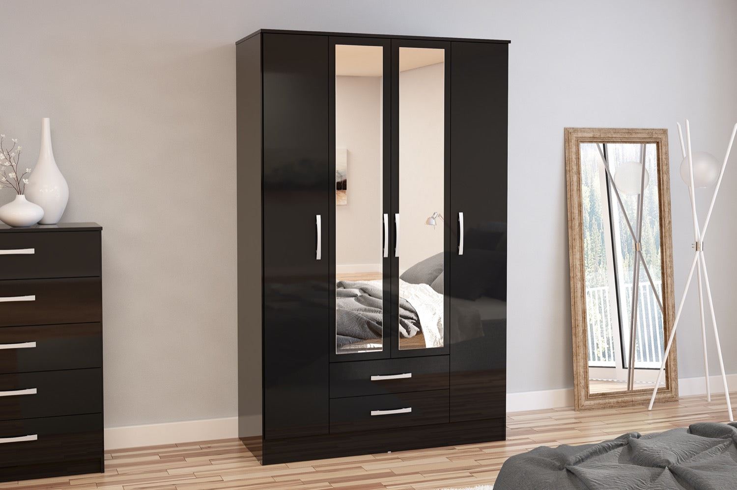 Lynx 4 Door 2 Drawer Wardrobe With Mirror - Black