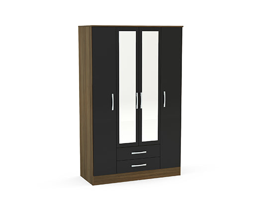 Lynx 4 Door 2 Drawer Wardrobe With Mirror - Walnut & Black