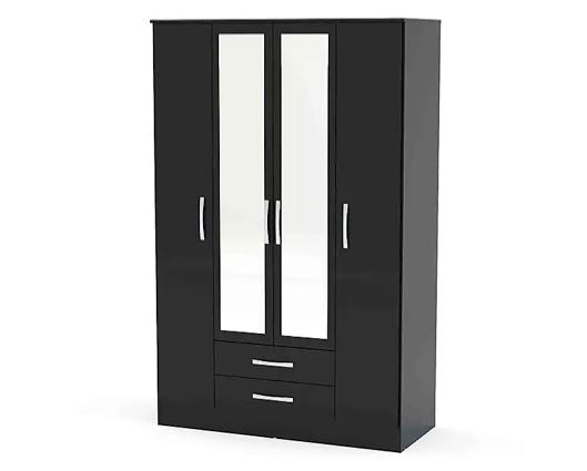 Lynx 4 Door 2 Drawer Wardrobe With Mirror - Black