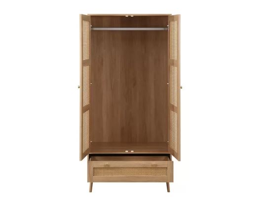 Croxley 2 Door 1 Drawer Rattan Wardrobe - Oak