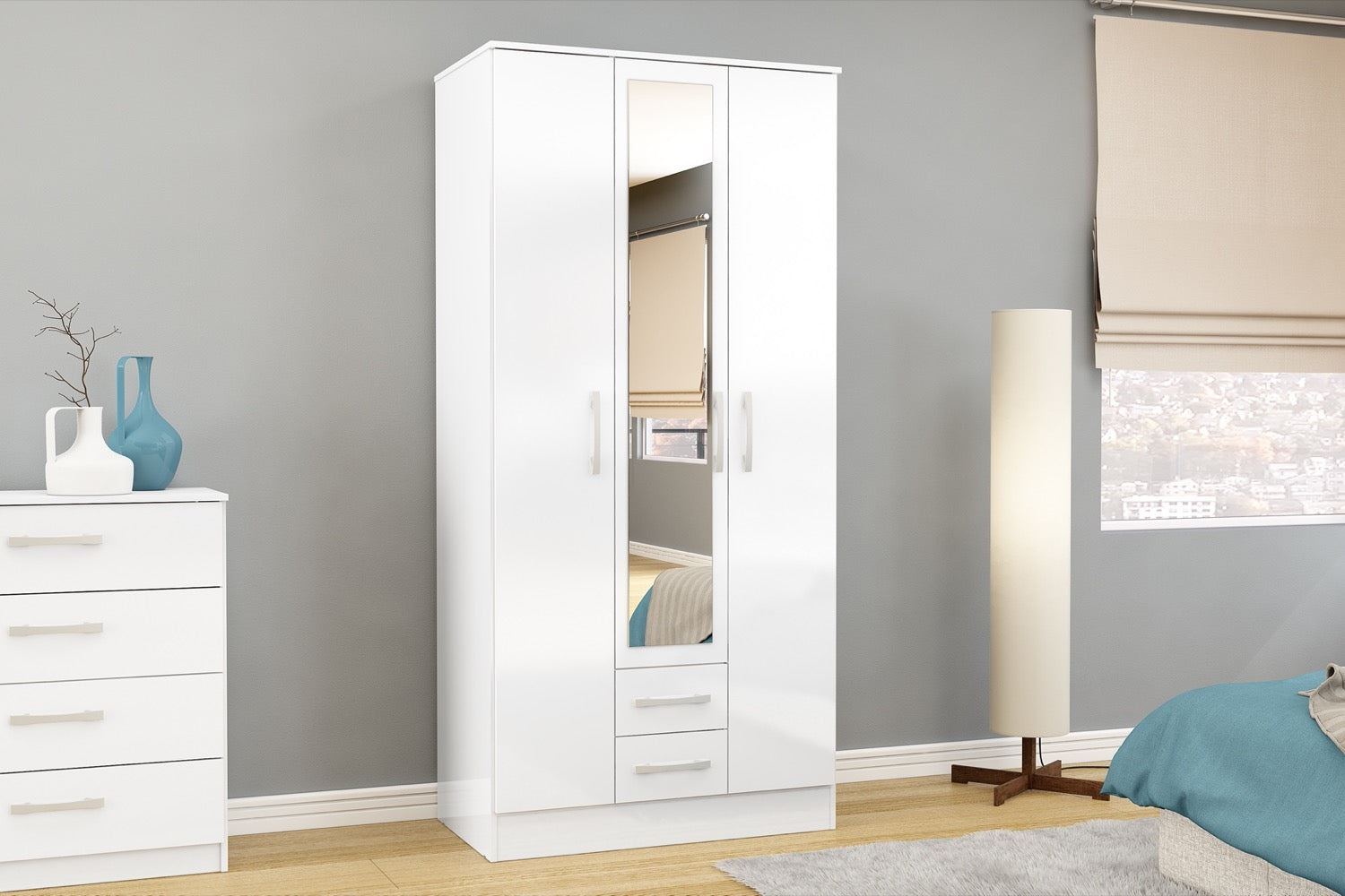 Lynx 3 Door 2 Drawer Wardrobe With Mirror - White