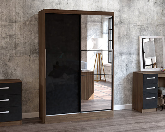 Lynx 2 Door Sliding Wardrobe With Mirror- Walnut & Black