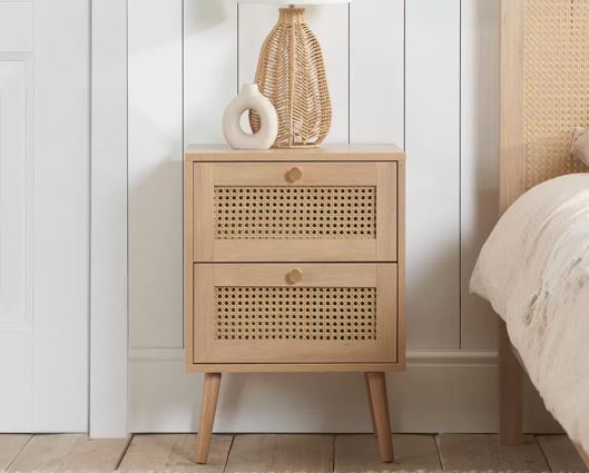 Croxley 2 Drawer Rattan Bedside - Oak