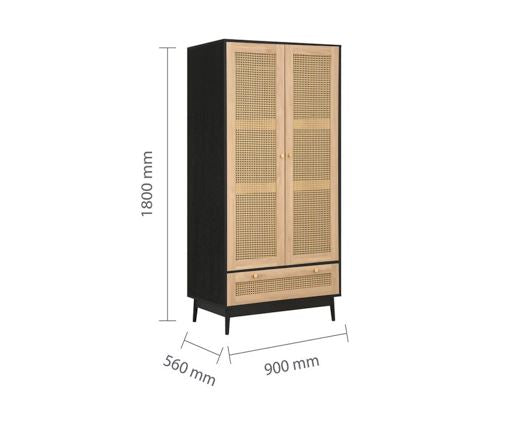 Croxley 2 Door 1 Drawer Rattan Wardrobe - Black