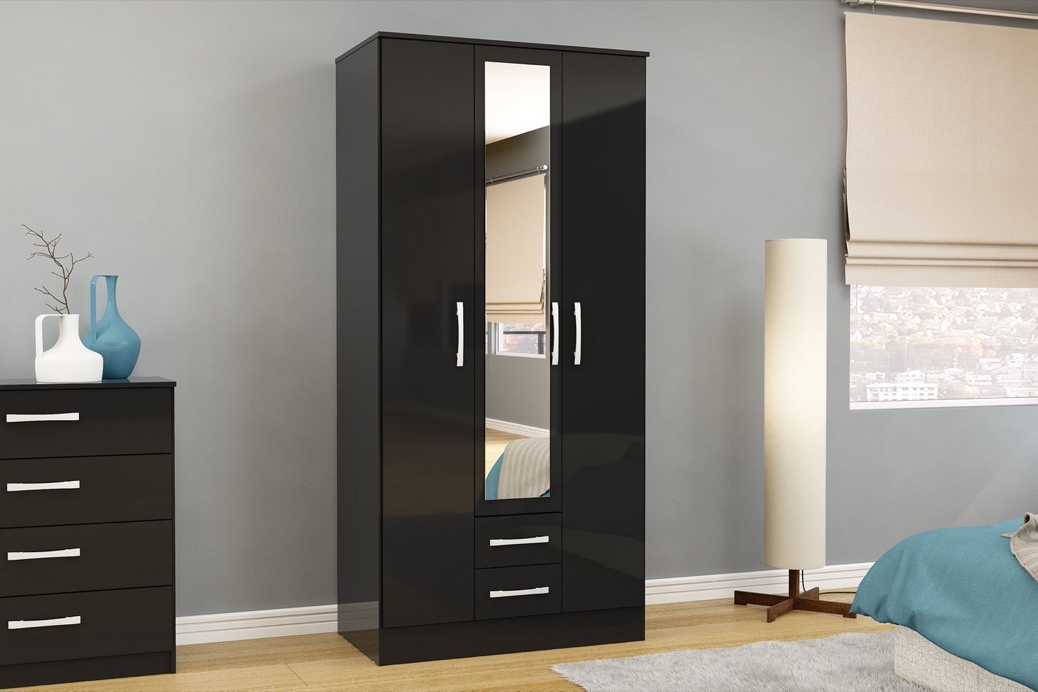 Lynx 3 Door 2 Drawer Wardrobe With Mirror - Black