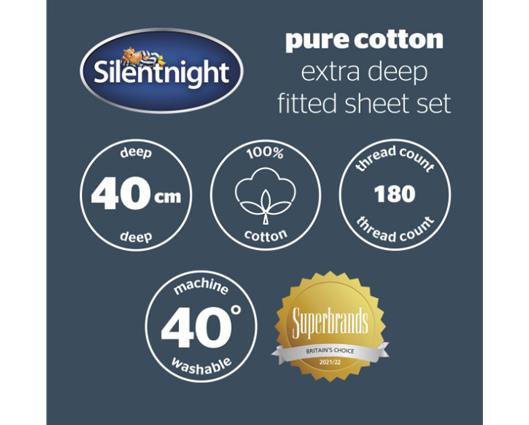 Single - Silentnight Pure Cotton Extra Deep Fitted Sheet - Silver