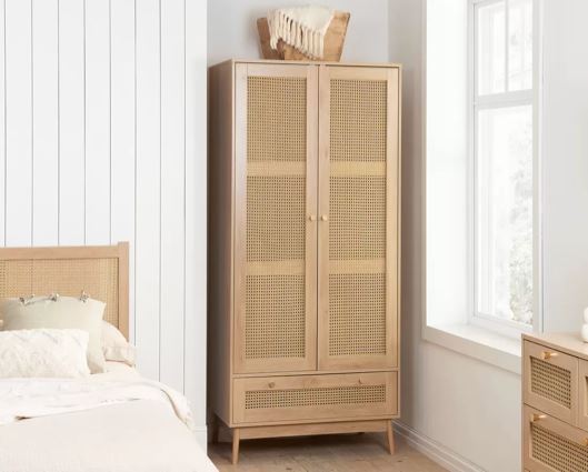 Croxley 2 Door 1 Drawer Rattan Wardrobe - Oak